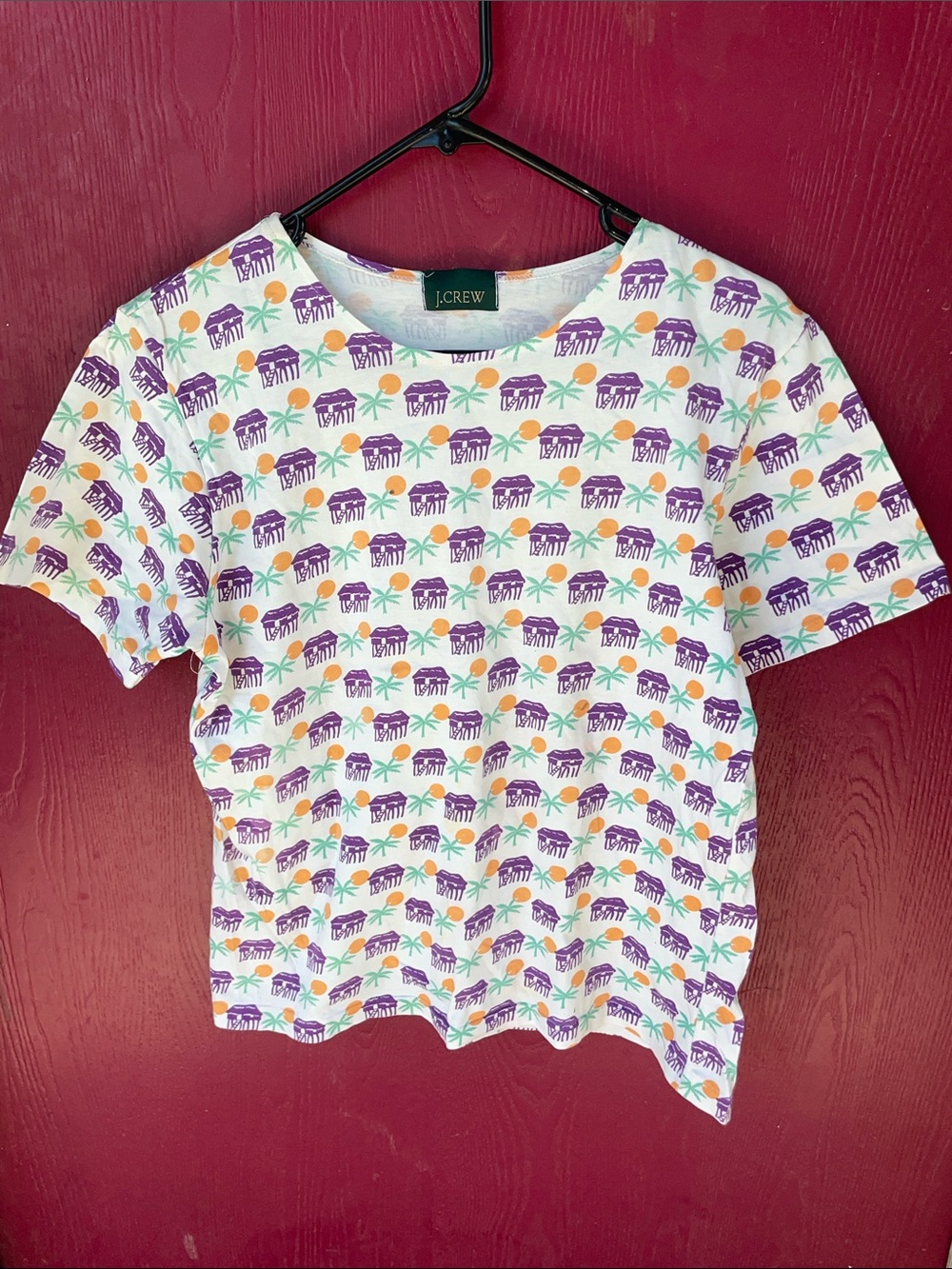 J.Crew vintage Y2K unisex Tee with Purple huts Palm & Orange Sun Print